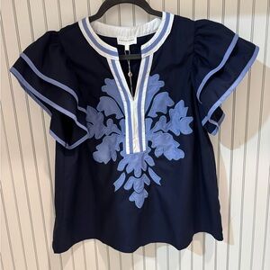 entro NWT Navy Tunic with Periwinkle Embroidered Appliqué size Medium